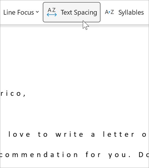 Captura de tela da opção de espaçamento de texto do leitor imersivo, há uma distância maior entre letras e entre palavras