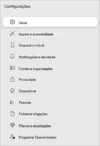 Lista de opções de configuração com ícones e nomes