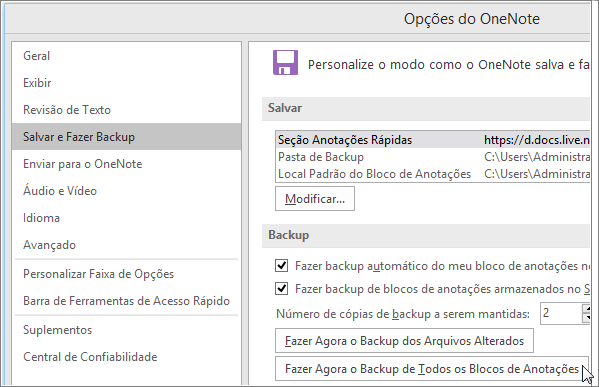 Screenshot of the OneNote Options dialog box in OneNote 2016.