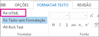Opção de formato HTML na guia Formatar texto em uma mensagem