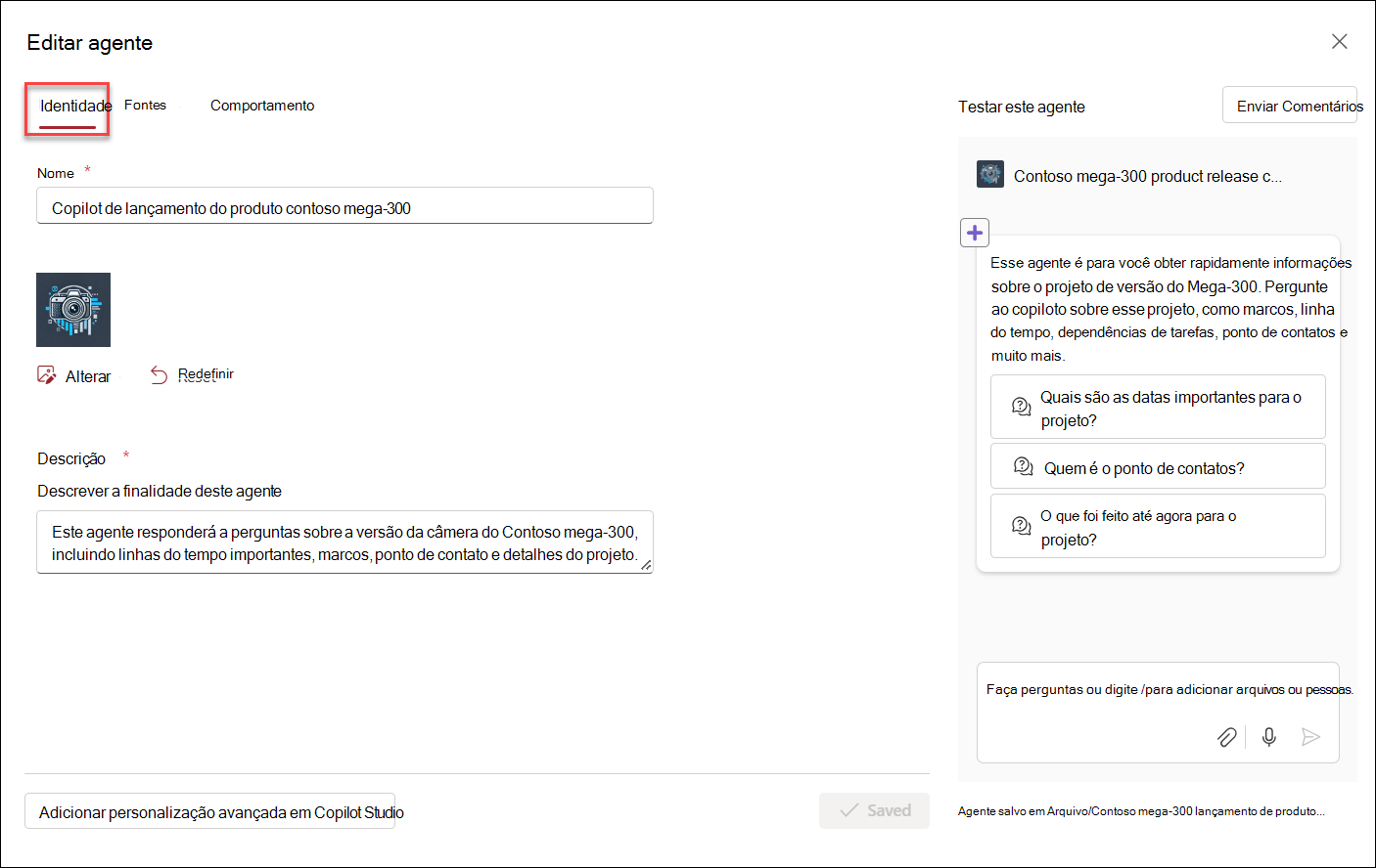 captura de tela da interface do usuário inicial para editar um agente do Copilot