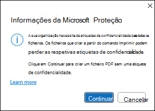 Microsoft Info protection create PDF window