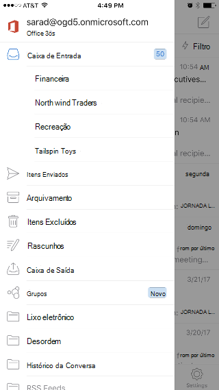 Mostra o aplicativo Outlook com a Caixa de Entrada na parte superior da lista e a opção Grupos na parte inferior da lista.