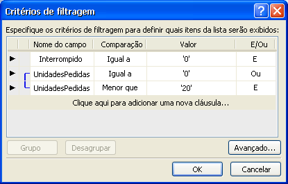 Exemplo de expressão na caixa de diálogo Critérios do Filtro