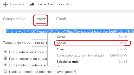 Copiar o código de inserção do iFrame