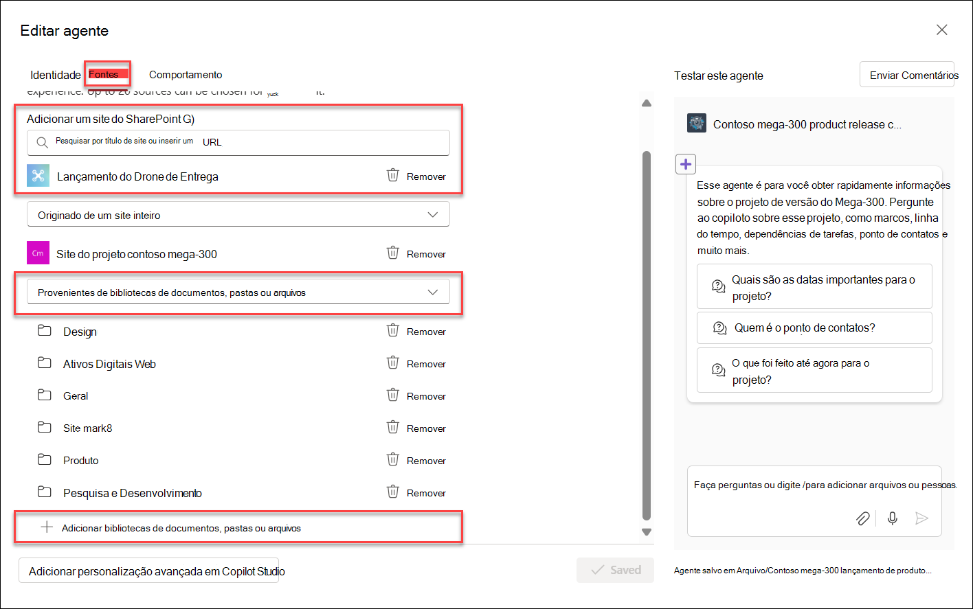 A captura de tela da adição de recursos de conhecimento ao agente do Copilot