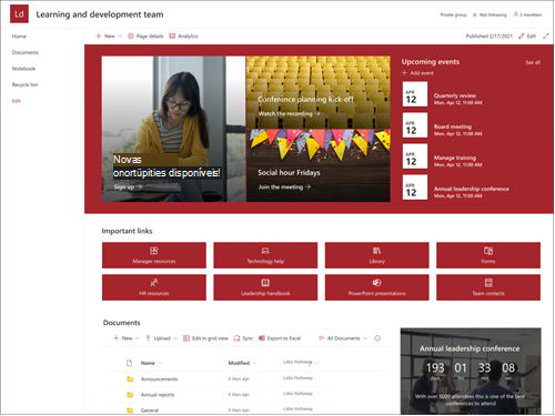 Captura de tela da visualização do modelo de site de equipe de liderança e desenvolvimento
