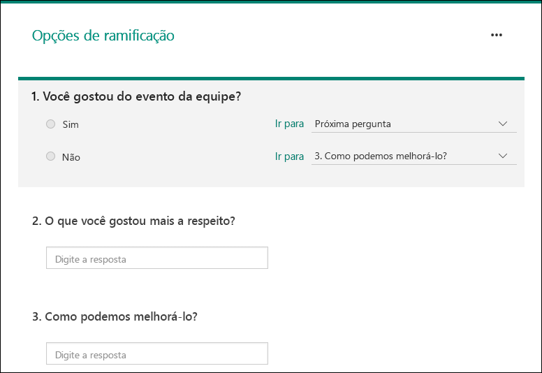 Opções no menu suspenso para opções de ir para