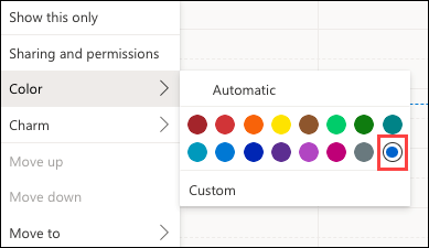 Seleção de cores do calendário da Web do Outlook com personalizado