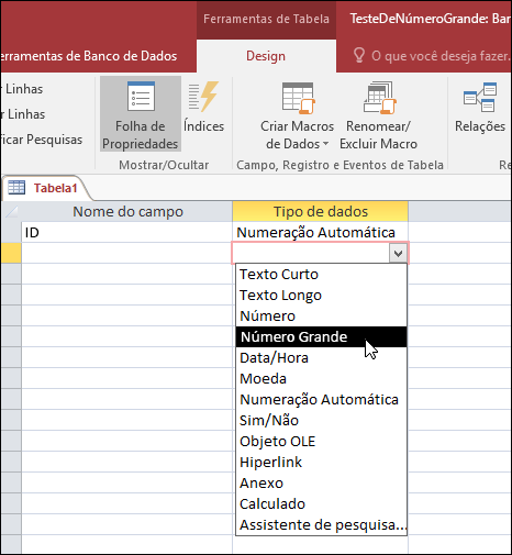 Captura de tela da lista de tipos de dados em uma tabela do Access. O Número Grande está selecionado.