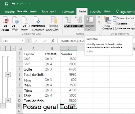 Clique em Subtotal na guia Dados para adicionar uma linha subtotal em seus Dados do Excel