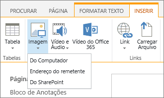 Captura de tela da faixa de opções do SharePoint Online. Selecione a guia Inserir e depois Imagem para escolher se deseja carregar um arquivo de seu computador, de um endereço da Web ou de um local do SharePoint.