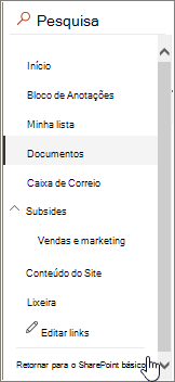 Barra de início rápido à esquerda da tela com o retorno ao exibição clássico realçado.