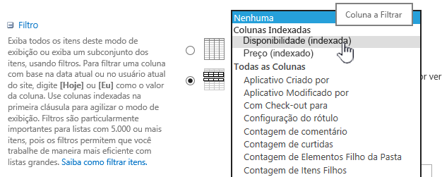 No SharePoint Online, escolha um campo indexado