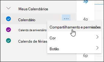 Uma captura de tela do cursor focalizando Compartilhamento e permissões no menu de contexto do calendário