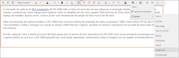 Exemplo de alteração do tom do texto sugerido no Copilot no SharePoint – antes