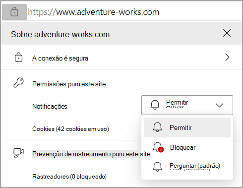 Imagem mostrando as permissões de notificações na barra de endereços do navegador do Edge. 