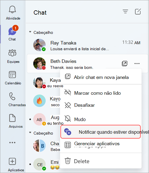 Captura de tela mostrando como ser notificado quando o status de alguém muda de um chat.