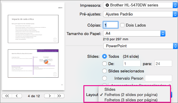 Folhetos de Visualização do PowerPoint para Mac para Impressão