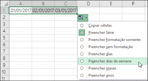 Use a Alça de Preenchimento para criar uma lista de datas sequenciais
