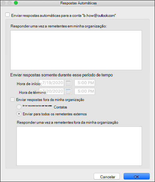 O menu de resposta automática no Outlook para Mac.