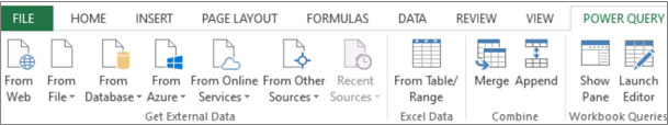 Faixa de opções de Power Query do Excel 2013