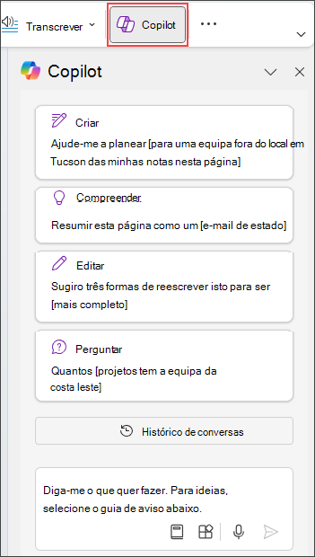 Painel Copilot no OneNote no lado direito da página.