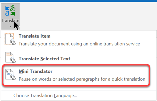 O menu Traduzir permite selecionar um idioma de tradução.