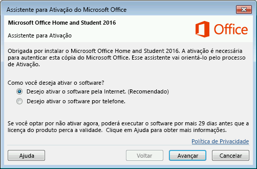 Mostra o Assistente para Ativação do Microsoft Office