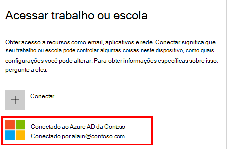 Captura de tela que mostra a janela "Access work or school" com a conta "Connected to (your organization) Azure AD" selecionada