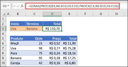 Usando PROCX com SOMA para totalizar um intervalo de valores que estão entre duas seleções