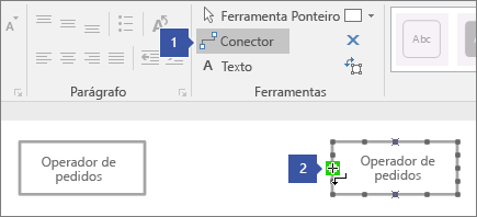 1 apontando para a ferramenta Connector, 2 apontando para o cursor pairando sobre o ponto de conexão realçado verde na forma da linha de vida