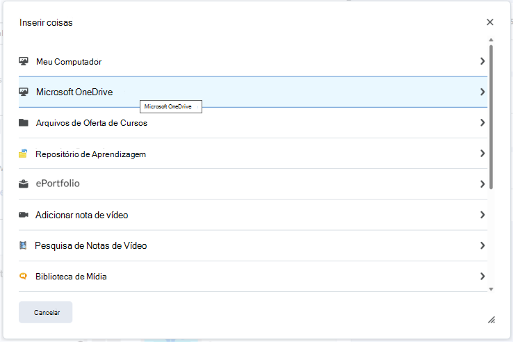 Insira um arquivo do OneDrive no Editor do Brightspace usando o Menu Inserir Inserção de Coisas.