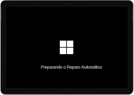 Um ecrã preto com o logótipo do Windows e texto a dizer "A preparar a reparação automática".