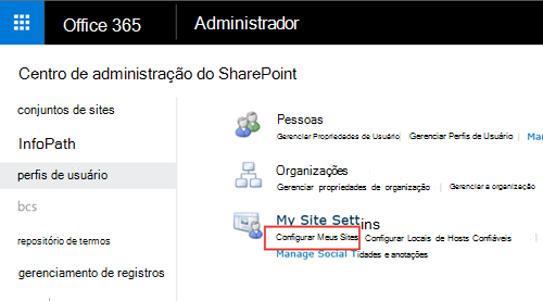 Imagem da tela do menu de configurações do SharePoint e perfil de usuário realçado