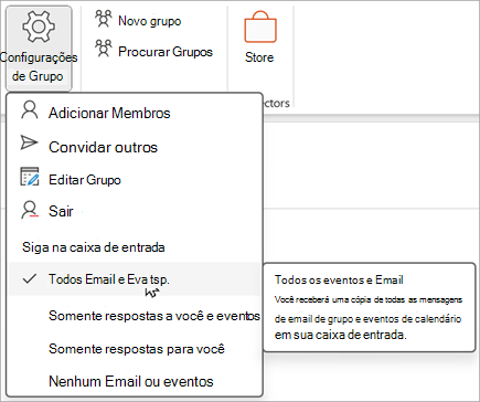 Selecione Definições de grupo no friso e, em seguida, selecione os itens que pretende seguir ou não seguir