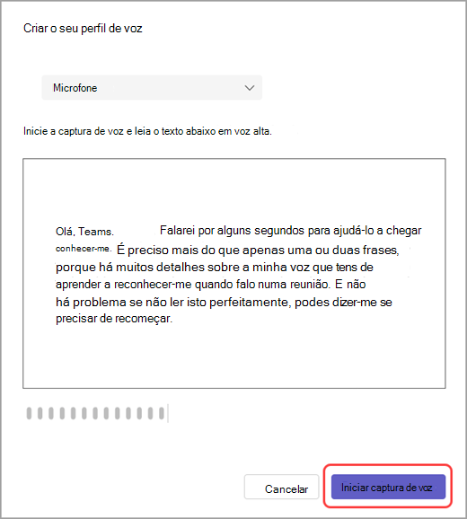 Inicie uma captura de voz nas configurações do Teams.