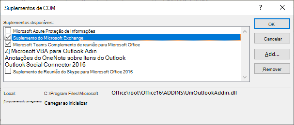 A janela do Outlook coms add-in está aberta.