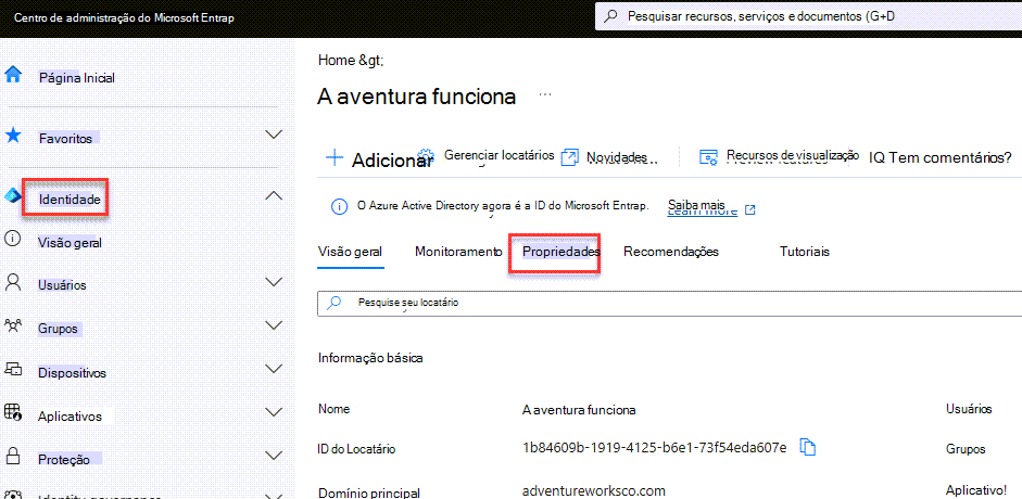 O item de propriedades no centro de administração do Azure Active Directory (AAD).