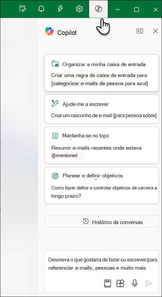 O painel de chat Copilot no Outlook.