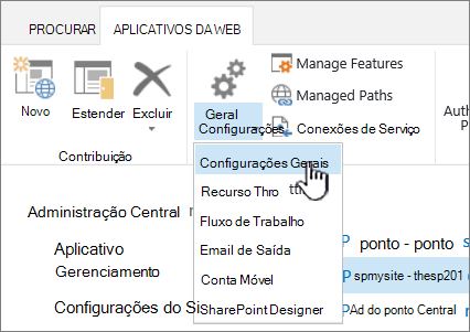 Gerenciar seção da faixa de opções com configurações gerais selecionadas