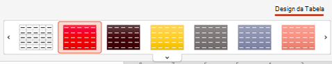 A galeria Estilos de Tabela na guia Design de Tabela no PowerPoint para Mac.