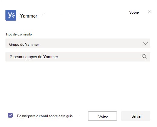 Tela para selecionar um grupo do Yammer para ser exibido no Microsoft Teams