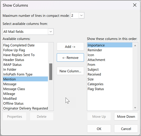 Exibir configurações para colunas no Outlook