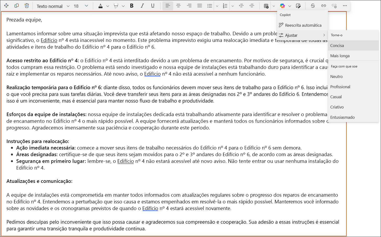 Captura de tela de um texto longo no editor de rich text do SharePoint.