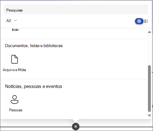 Captura de tela do painel para escolher uma Web Part, mostrando Arquivo e Mídia e web parts Pessoas.