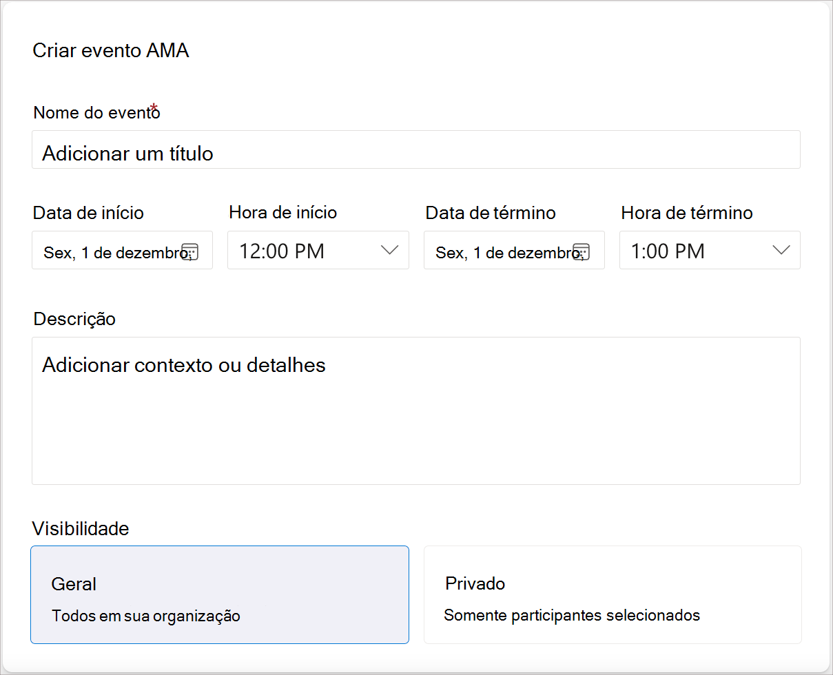 Captura de tela dos campos necessários para criar um evento AMA.
