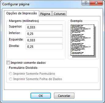 Caixa de diálogo Configuração de Página