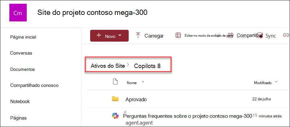 captura de tela de onde os agentes do Copilot são salvos se criados na página inicial