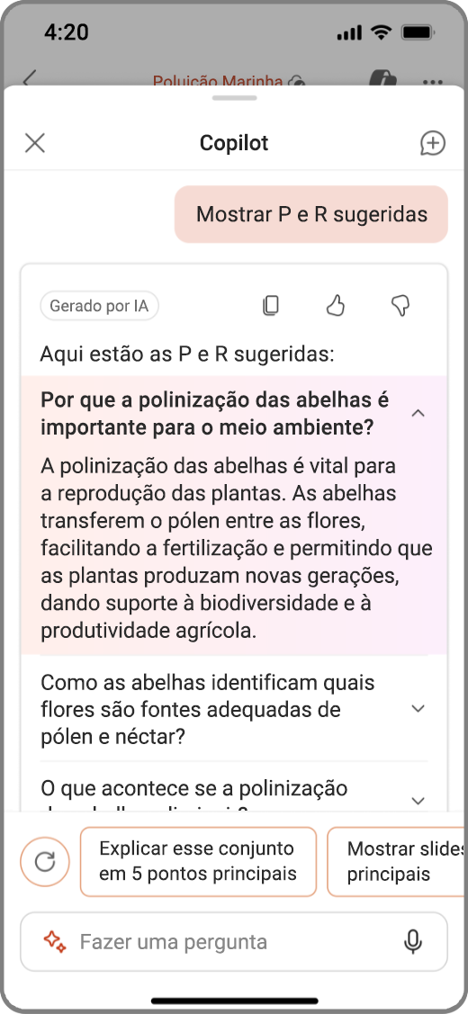 Captura de tela do Copilot no PowerPoint em um dispositivo iOS com sugestões de perguntas e respostas